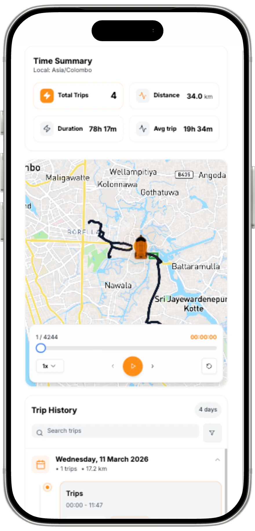 FleetNET mobile app replaying a vehicle's trip history on a map